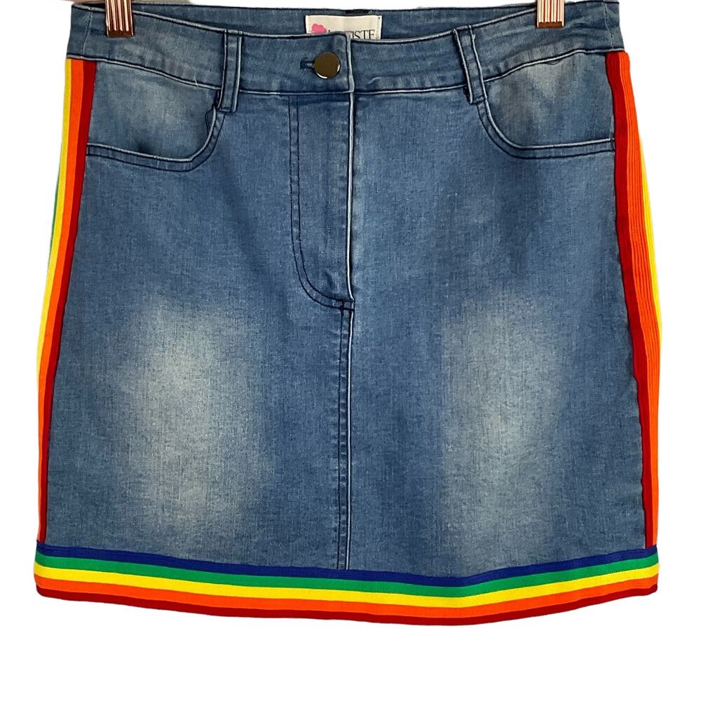 L'Atiste Amy Mini Skirt PRIDE Rainbow Trim Blue Denim Jean Skirt Med NWT NEW